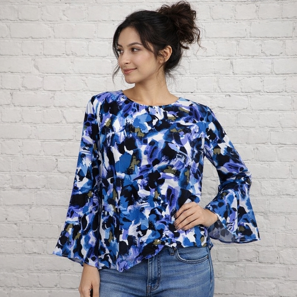 Halston Blue Floral Bell Sleeve Top M
